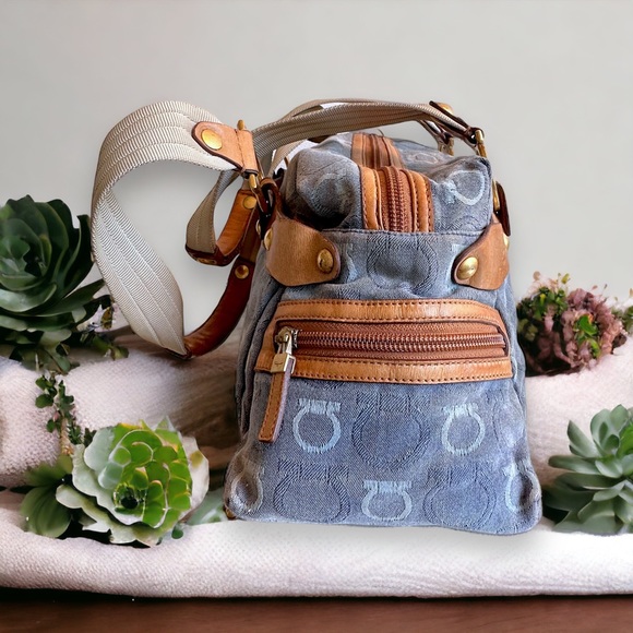 Ferragamo cotton blue denim shoulder satchel leather w/dustbag #H76c - Picture 3 of 10